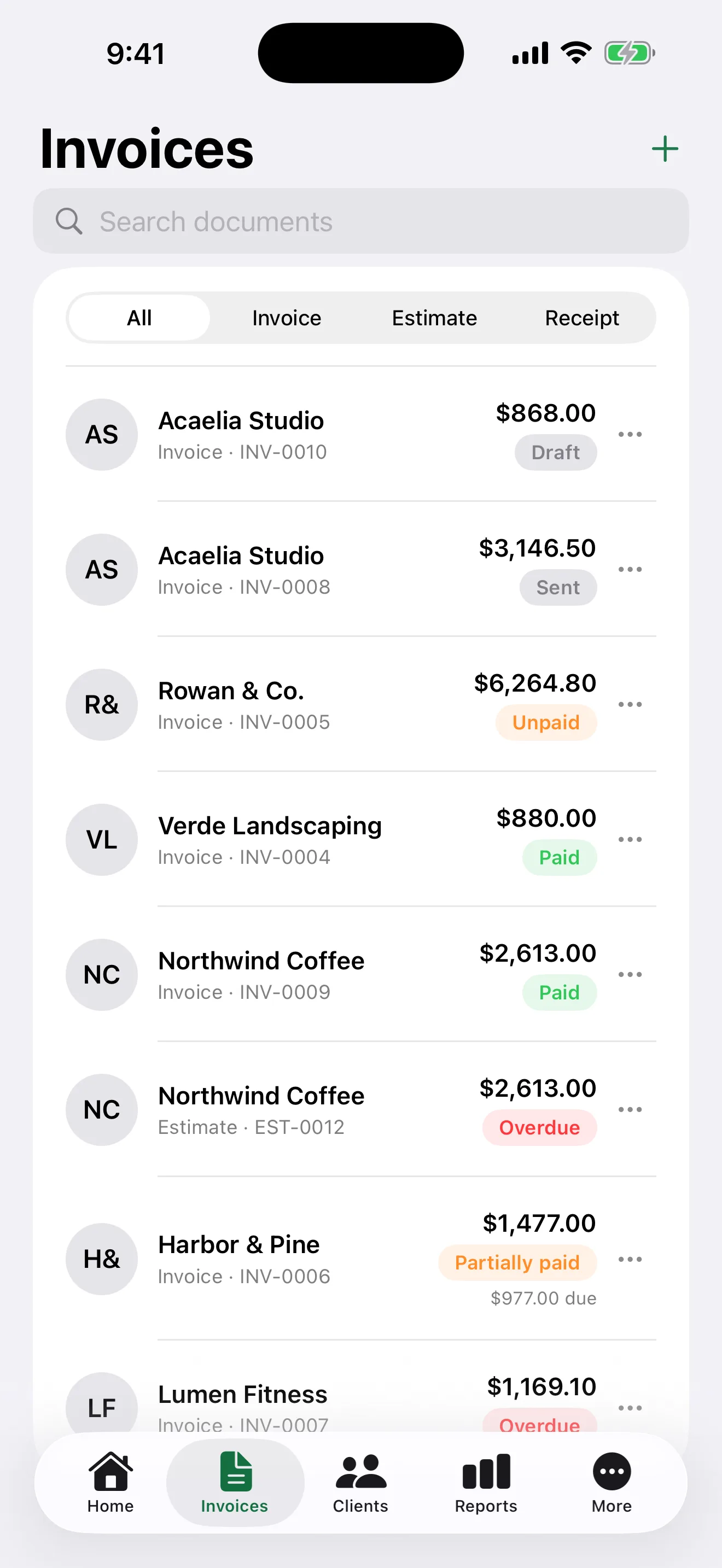 Invoice Maker: PDF & Estimate Screenshot - Invoice list with payment status