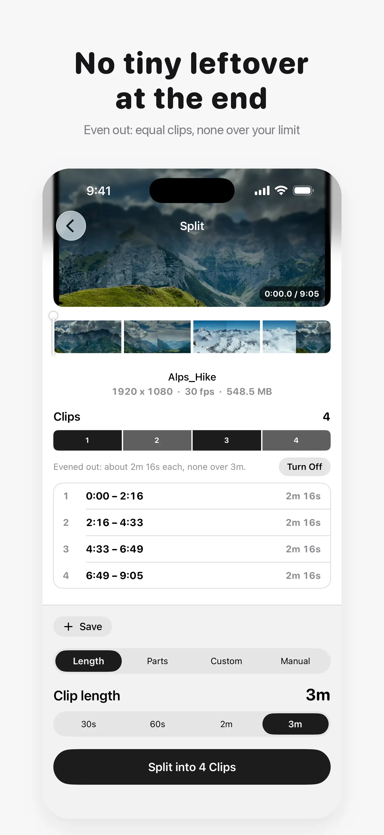 Video Splitter: Split & Cut Screenshot - No tiny leftover at the end, equal clips with none over your limit